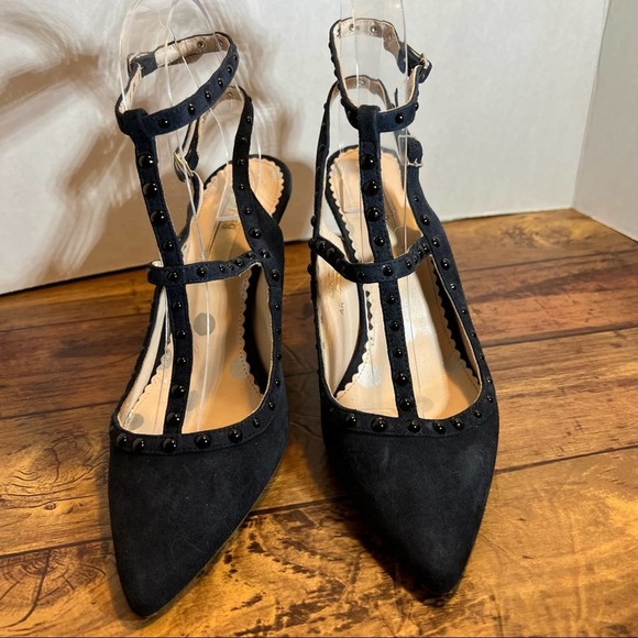 Boden Ashley T Bar heels Sz 38 / 7 Leather Made in Spain Studded Double T Strap - Picture 3 of 12